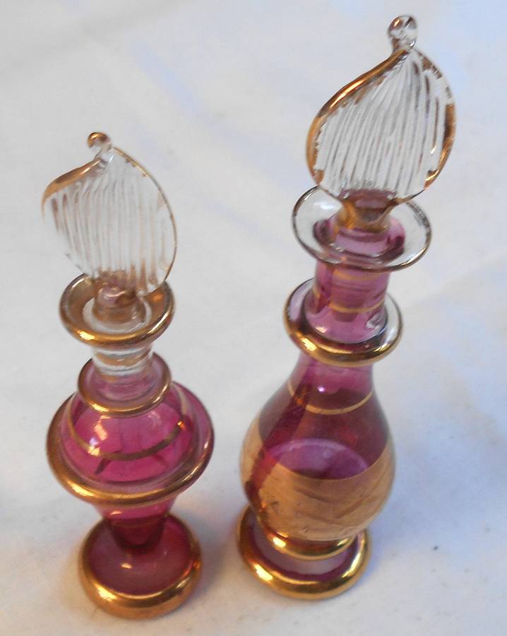 STUNNING two MINIATURE MAUVE/PURPLE COLOUR EGYPTIAN GLASS PERFUME BOTTLES WITH DAPPERS