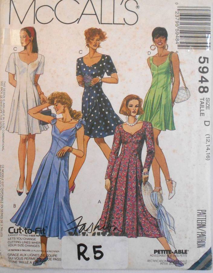 McCalls 5948 FLARED DRESS WITH SWEETHEART NECKLINE SIZE 12-14-16 COMPLETE-UNCUT-F/FOLDED