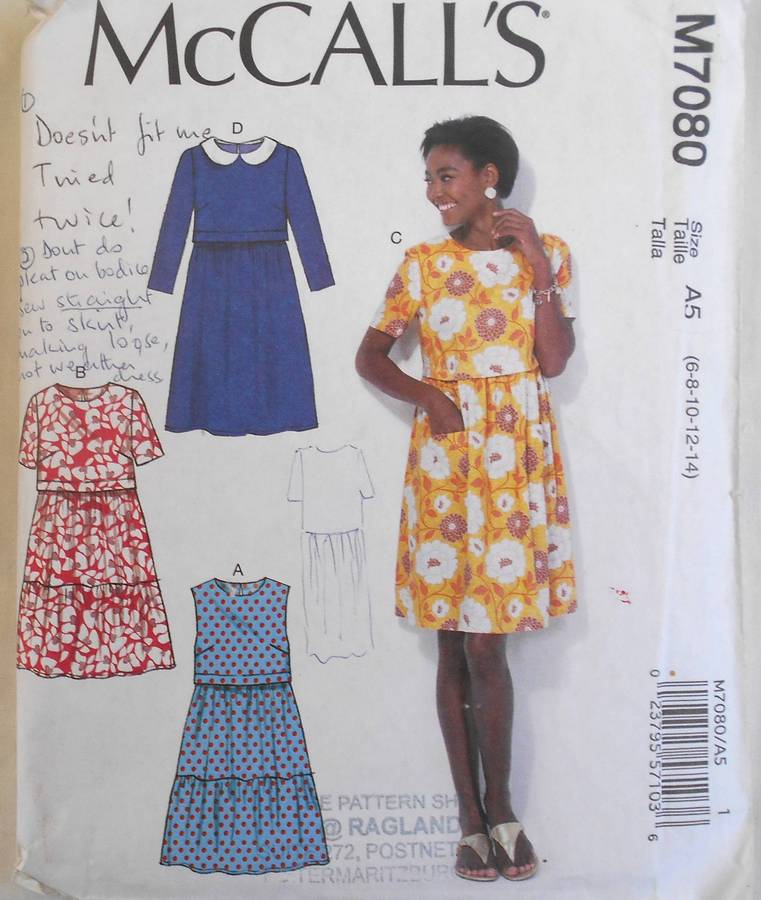 McCalls M7080 PULLOVER DRESS WITH SEMI FITTED BODICE SIZE 6-8-10-12-14 COMPLETE-CUT TO 14