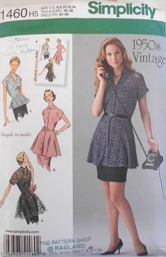 SIMPLICITY 1460 VINTAGE 1950'S TUNIC & PEPLUM BLOUSE SIZE 6-8-10-12-14 COMPLETE-CUT TO 14