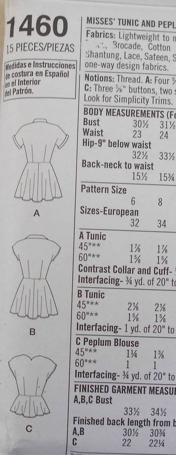 SIMPLICITY 1460 VINTAGE 1950'S TUNIC & PEPLUM BLOUSE SIZE 6-8-10-12-14 COMPLETE-CUT TO 14
