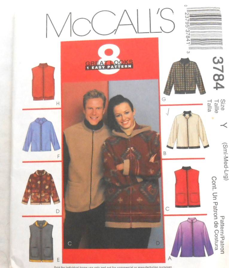 McCALLS 3784 UNISEX SWEATSHIRT/JACKET-GILET-STRETCH KNITS SIZE S-M-L (34-44) COMPLETE-UNCUT-F/FOLDED