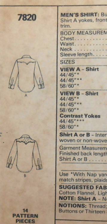 McCALLS 7820 MENS SHIRT SIZE 42 COMPLETE-UNCUT-F/FOLDED