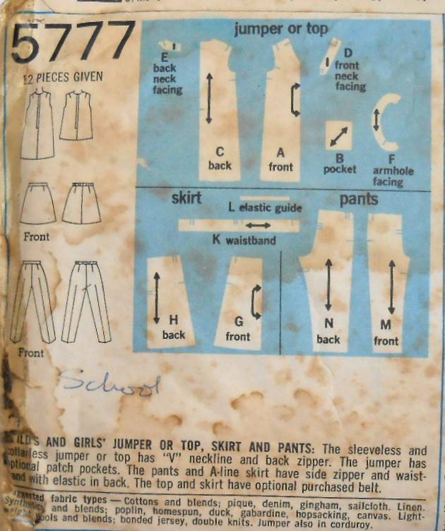 SIMPLICITY 5777 GIRLS PINAFORE-TOP-SKIRT-PANTS SIZE 10 YRS BREAST 73 CM-COMPLETE