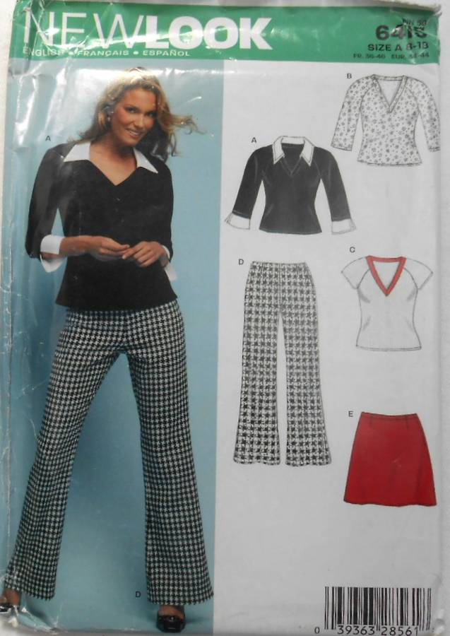 NEW LOOK PATTERNS 6415 V NECK TOPS-FLARED PANTS-SKIRT SIZES 8-18 COMPLETE-UNCUT-F/FOLDED