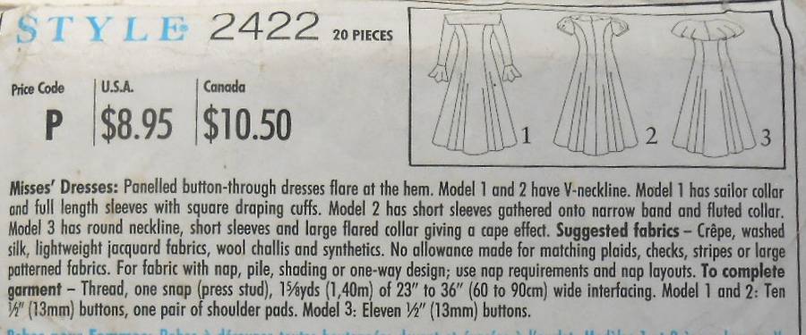 STYLE 2422 FLARED FRONT BUTTON PANELLED DRESS SIZE 8-18 COMPLETE-UNCUT-F/FOLDED