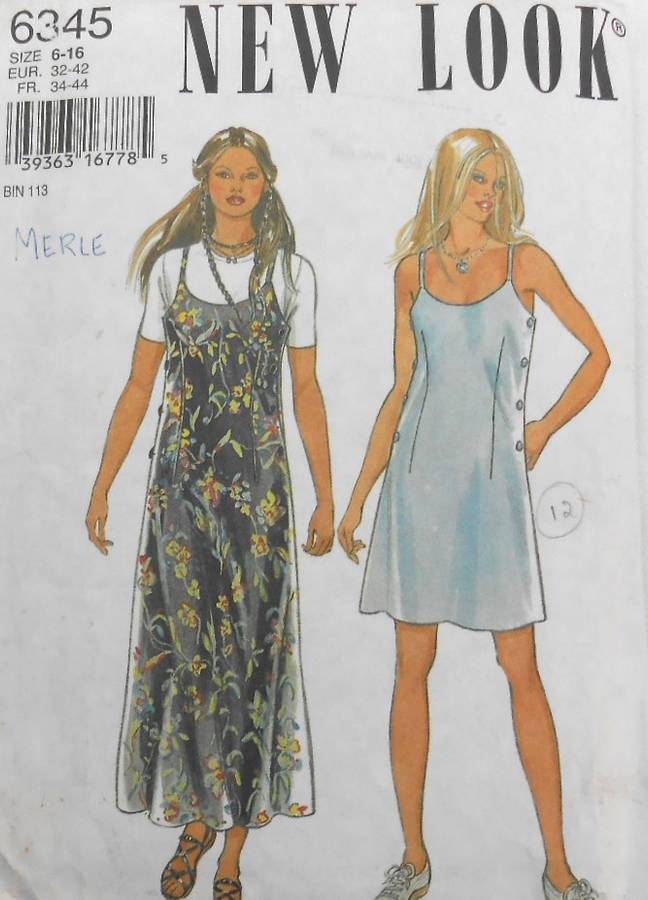 NEW LOOK PATTERNS 6345 SHOE STRING STRAP DRESS WITH BUTTON SIDE SEAMS SIZES 8-18 COMPLETE CUT TO 16