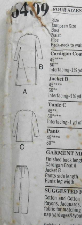 NEW LOOK PATTERNS 6409 COAT-TOP-PANTS SIZES S-M-L-XL (10-24) COMPLETE CUT TO S (10-12