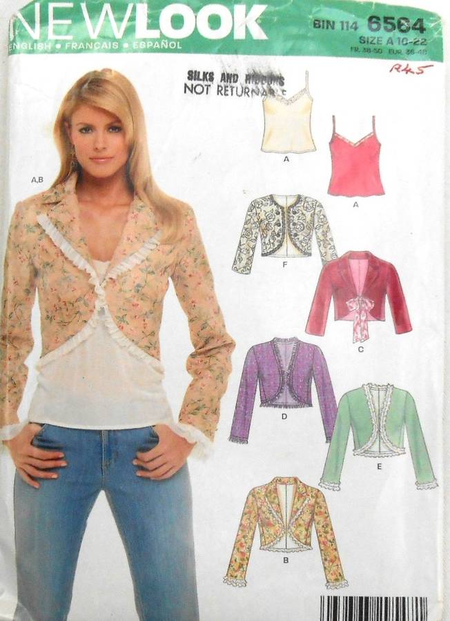 NEW LOOK PATTERNS 6564 CAMISOLES & BOLEROS SIZES 10-22 COMPLETE-MOSTLY UNCUT -VIEW D CUT TO 12
