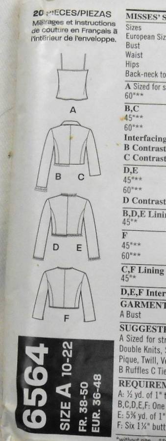 NEW LOOK PATTERNS 6564 CAMISOLES & BOLEROS SIZES 10-22 COMPLETE-MOSTLY UNCUT -VIEW D CUT TO 12