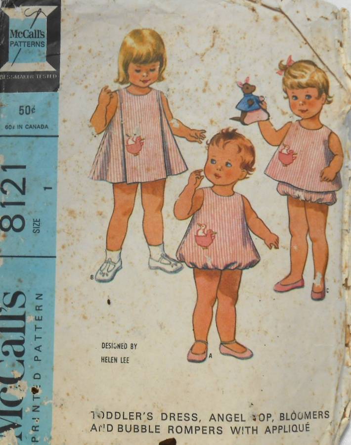 VINTAGE McCALLS 8121 TODDLERS DRESS-ANGEL TOP-BLOOMERS-BUBBLE ROMPER+APPLIQUE SIZE 1 YEAR-COMPLETE