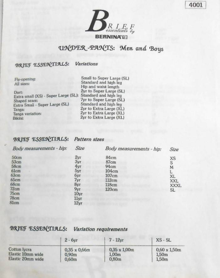 BERNINA BRIEF ESSENTIALS 4001 UNDERPANTS-MEN & BOYS SIZES XS-SL (84 - 120 CM) 2-12 YRS (50-81 CM)