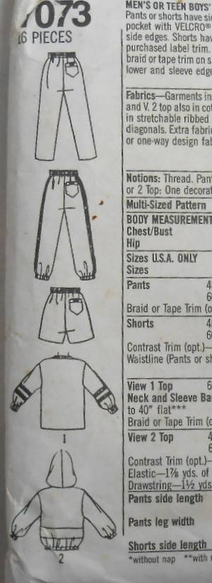 SIMPLICITY 7073 MENS TRACKSUIT PULL ON SHORTS-PANTS-PULLOVER TOP-HOODIE SIZE SIZE XS-XL CUT M 38-40