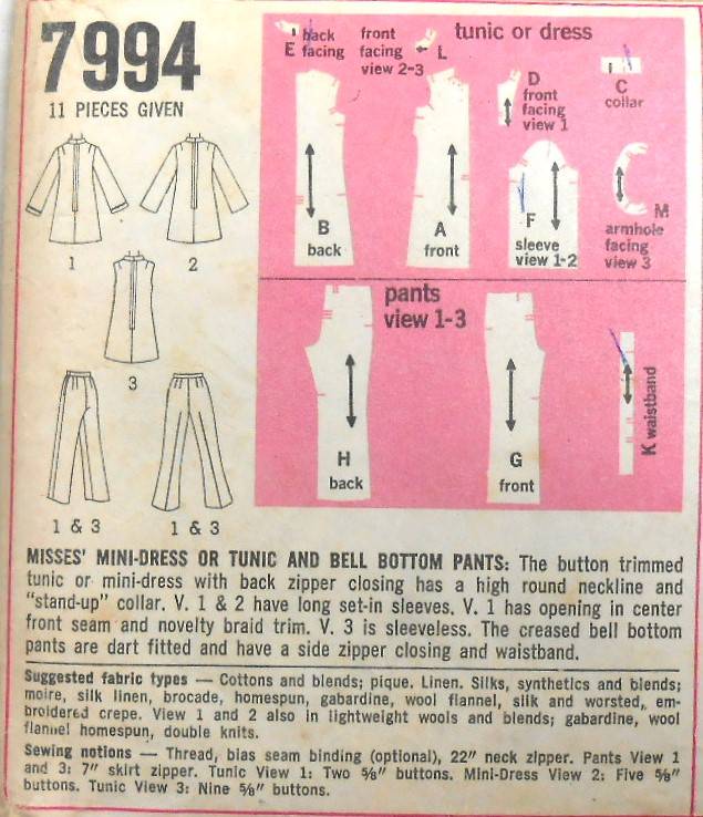 VINTAGE SIMPLICITY 7994 MINI DRESS-TUNIC BELL BOTTOM PANTS SIZE 14 BUST 36 -COMPLETE