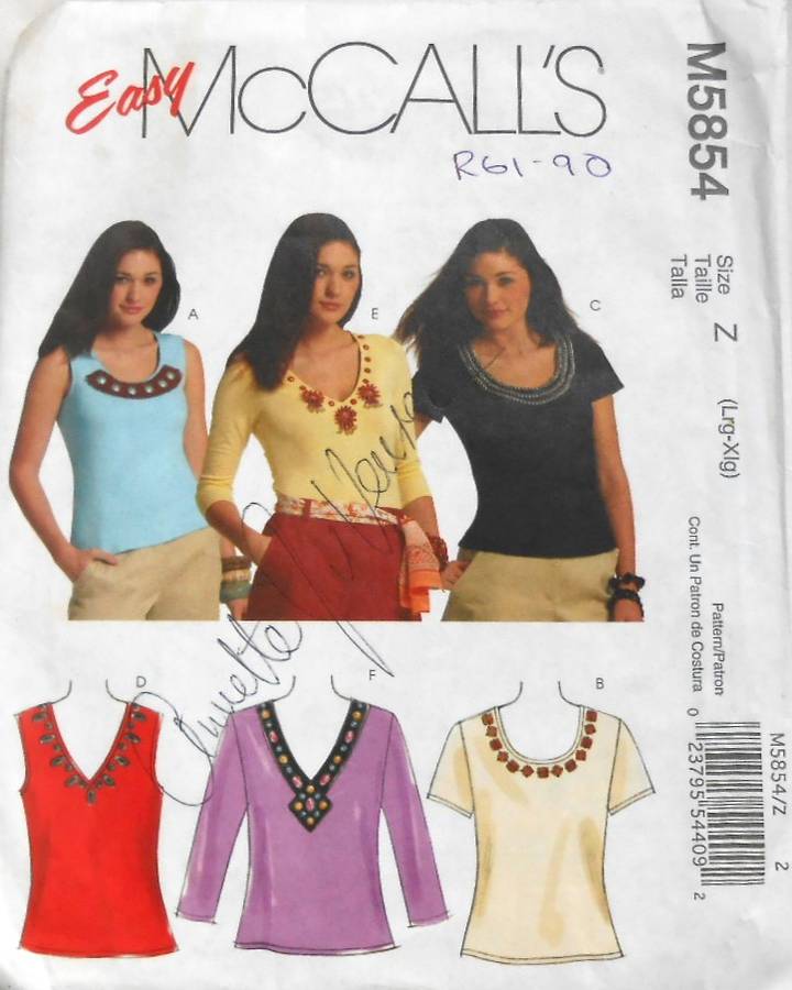 McCALLS M5854 FITTED PULLOVER TOPS SIZE LARGE-XLARGE (16-22) COMPLETE-CUT TO 20-22