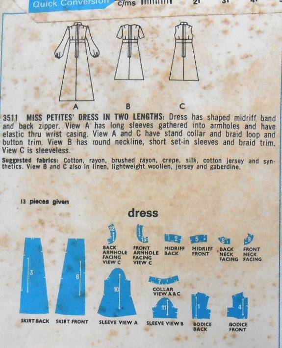 VINTAGE STYLE 3511 DRESS + SHAPED MIDRIFF IN 2 LENGTHS SIZE 10 BUST 32 1/2 COMPLETE-UNCUT-F/FOLDED