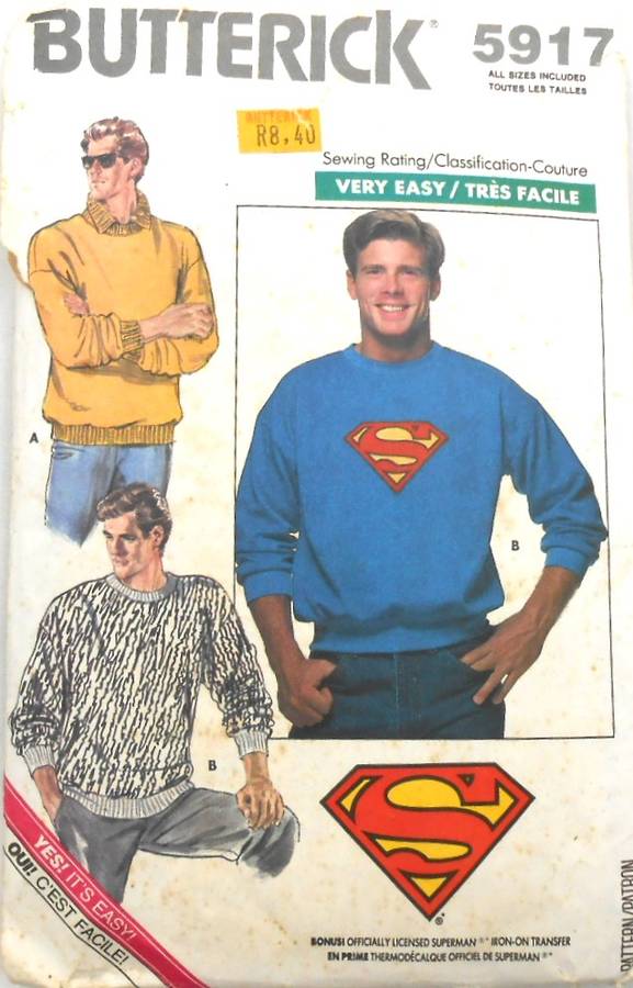 BUTTERICK 5917 SUPERMAN MENS SWEATSHIRT+TRANSFER SIZE XL (46-48) NO CUFFS+LOWER BAND NO SEWING INS