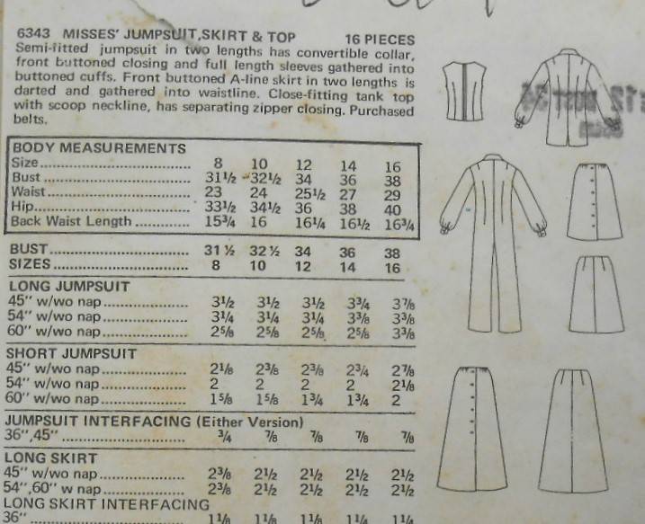 BUTTERICK 6343 JUMPSUIT-SKIRT-TOP SIZE 12 BUST 34 COMPLETE-UNCUT-F/FOLDED