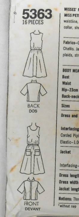 SIMPLICITY 5363 PULLOVER DRESS & UNLINED JACKET- SIZE 10-12-14 COMPLETE-CUT TO 14