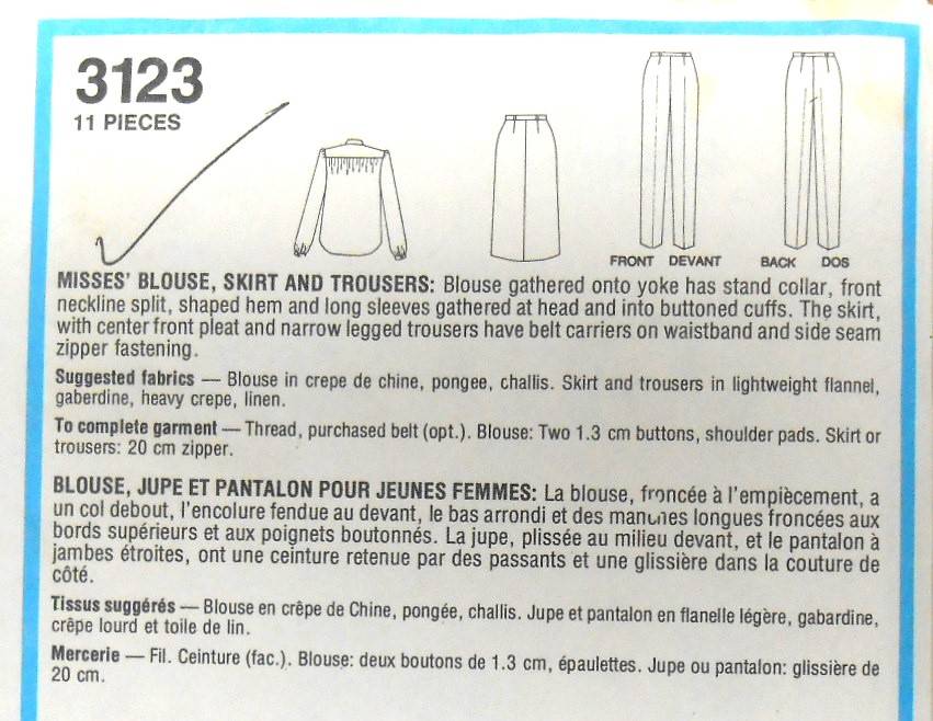 STYLE 3123 BLOUSE-SKIRT-PANTS SIZES-10 BUST 83 CM COMPLETE
