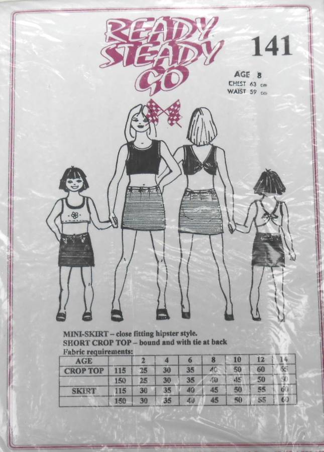 READY STEADY GO 141 GIRLS MINI SKIRT+SHORT CROP TOP SIZE 8 YEARS CHEST 63 CM COMPLETE-UNCUT-F/FOLDED