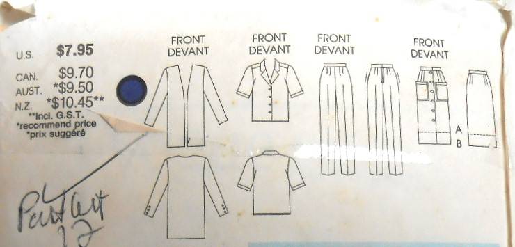 VOGUE 9855 JACKET-SKIRT-PANTS-BLOUSE SIZES 8-10-12 COMPLETE-PART CUT TO 12