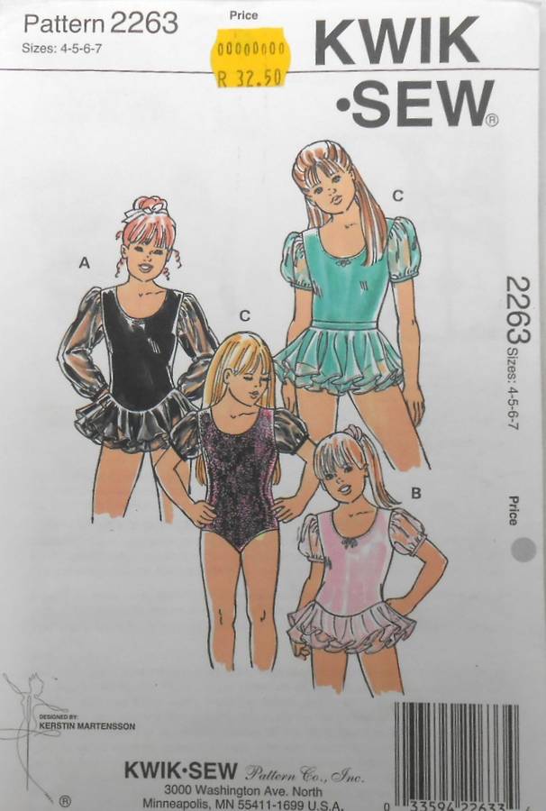 KWIK SEW 2263 GIRLS LEOTARDS SIZE 4-7 YEARS COMPLETE PART CUT TO 7 YEARS-ZIPLOC