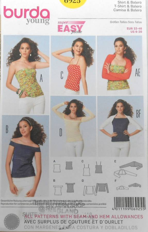 BURDA 6925 LADIES SHIRT-BOLERO-TOP-CAMI SIZE 6-20 COMPLETE-UNCUT-F/FOLDED