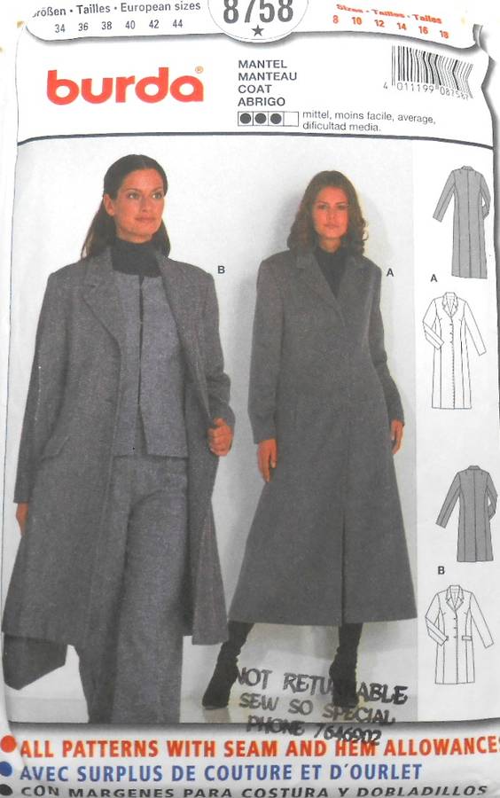BURDA 8758 LADIES LONG COAT SIZE 8-18 COMPLETE CUT TO 18 - PATTERN TAPED