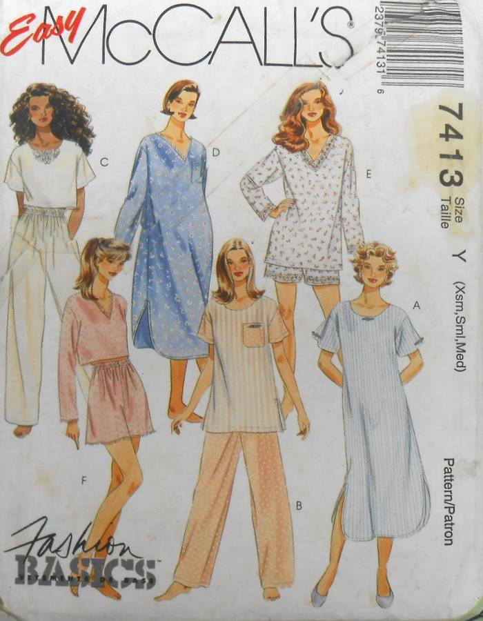 McCALLS 7413 NIGHTSHIRT-PJ TOP-PULL ON PANTS-& SHORTS SIZE XS-S-M COMPLETE-CUT TO MEDIUM 12-14