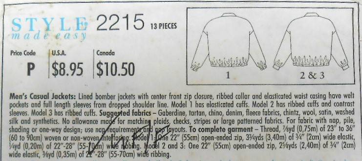 STYLE 2215 MENS CASUAL JACKETS SIZE 36-44 COMPLETE-UNCUT-F/FOLDED