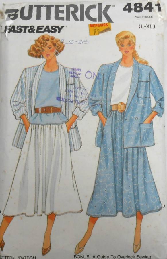 BUTTERICK 4841 JACKET-TOP-SKIRT SIZE L-XL (16-20) CUT TO XL-NO SKIRT POCKET 6 SUPPLIED
