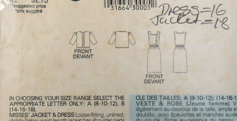 BUTTERICK 5475 JACKET-DRESS SIZE 14-16-18 COMPLETE-DRESS CUT 16 JACKET CUT 18