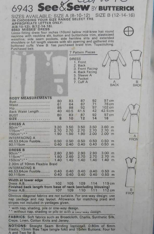 BUTTERICK 6943 LOOSE FITTING DRESS SIZE 12-14-16 COMPLETE-CUT TO 16