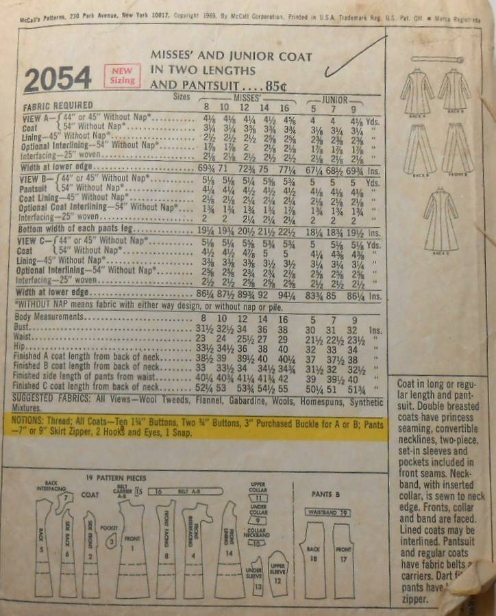 VINTAGE McCALLS 2025 COAT & PANTS SIZE 8 COMPLETE-ZIPLOC