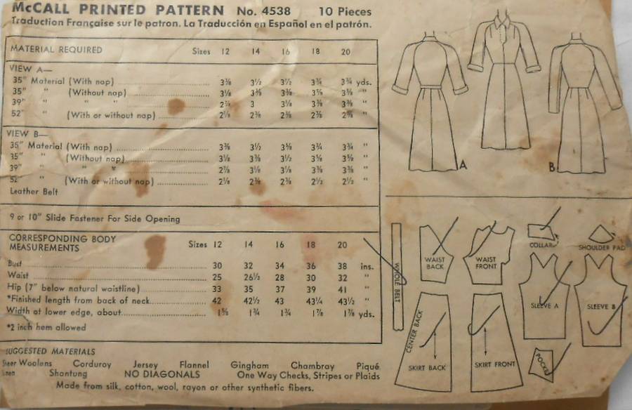 V/VINTAGE McCALLS 4538 FRONT BUTTON DRESS SIZE 16 BUST 34 COMPLETE-SEE LISTING-ZIPLOC