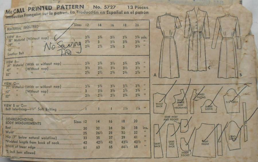 V/VINTAGE McCALLS 5727 WOMENS DRESS SIZE 14 BUST 32-SEE LISTING-ZIPLOC