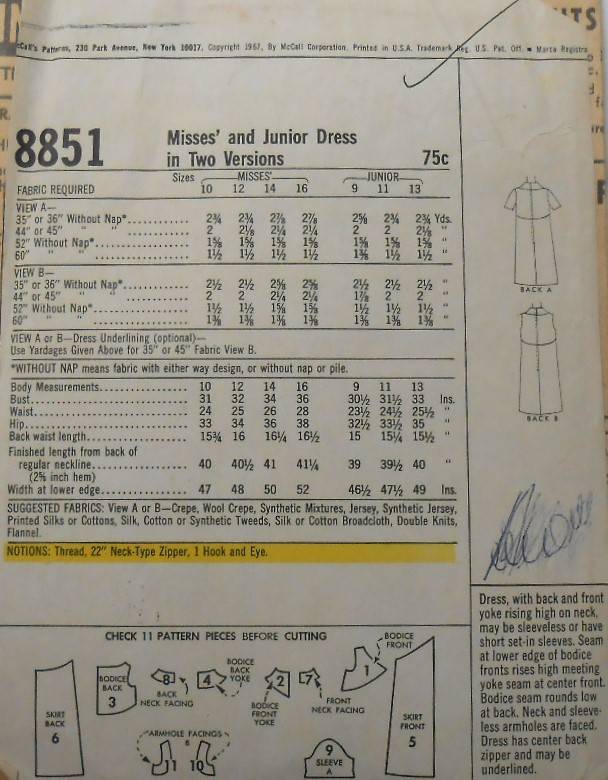 VINTAGE McCALLS 8851 DRESS IN 2 VERSIONS SIZE 10 BUST 31 COMPLETE-ZIPLOC