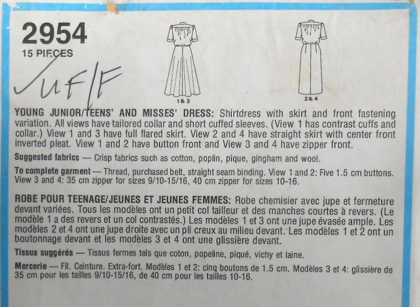 STYLE 2954 SHIRTDRESS WITH FRONT BUTTON SIZES 12 COMPLETE-UNCUT-F/FOLDED
