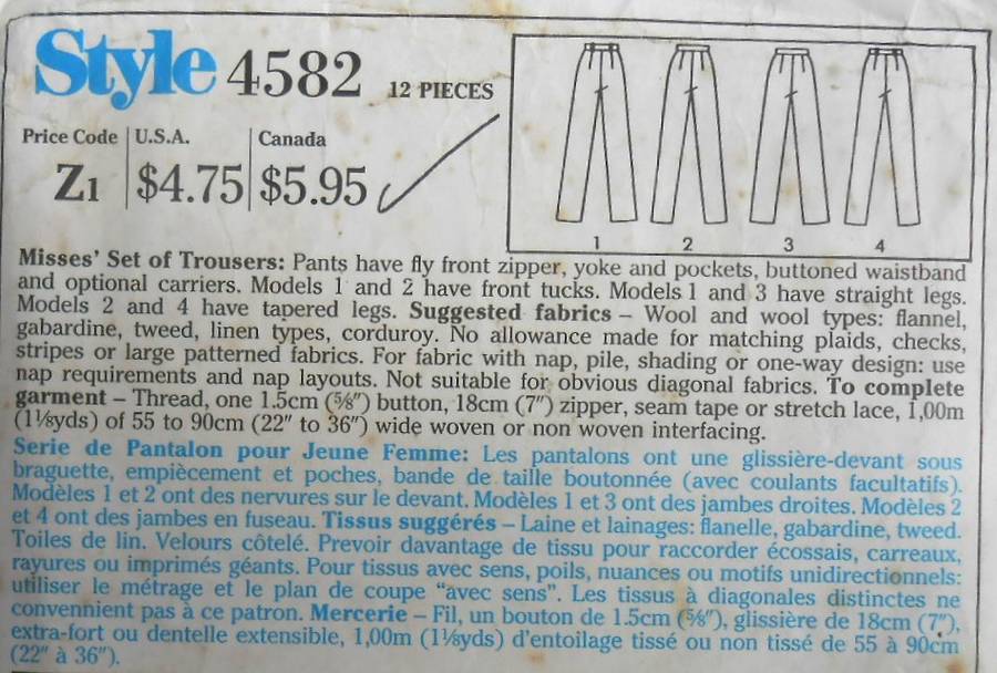 STYLE 4582 SET OF PANTS SIZE 16 WAIST 76CM- COMPLETE