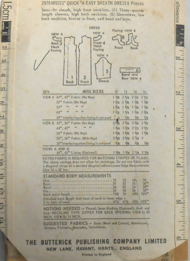 V/VINTAGE BUTTERICK 2876 MISSES SHEATH DRESS SIZE 10 BUST 31 COMPLETE-ZIPLOC