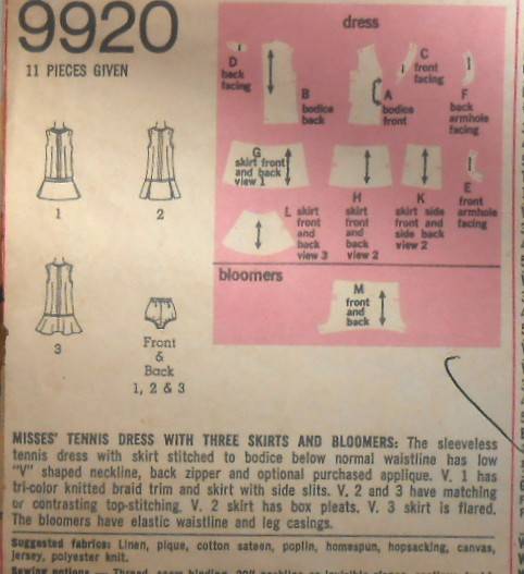 VINTAGE SIMPLICITY 9920 TENNIS DRESS WITH 3 SKIRTS & BLOOMERS SIZE 14 BUST 36 COMPLETE