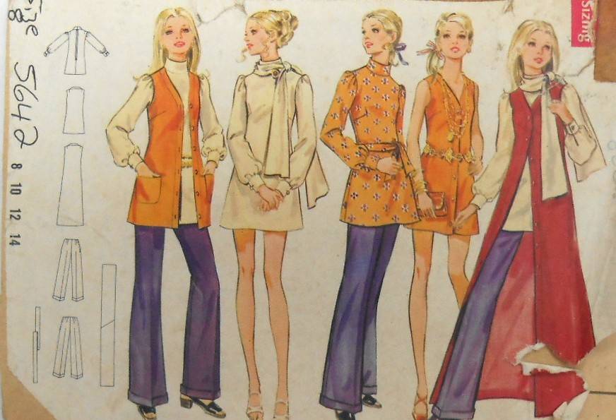 VINTAGE BUTTERICK 5642 SEMI FITTED MINI DRESS-TUNIC-SCARF-BELT-PANT SIZE 8 BUST 31 1/2 COMPLETE