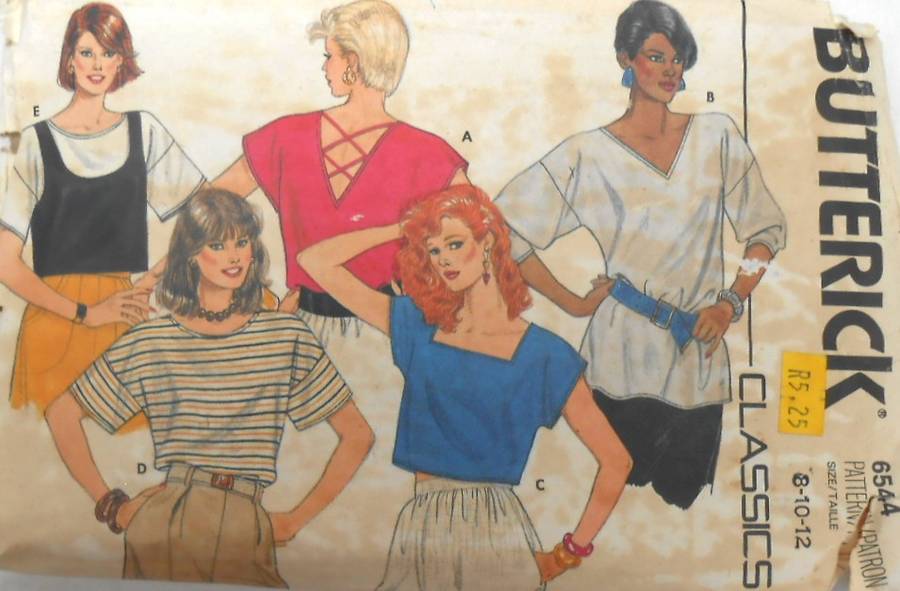 BUTTERICK 6544 LOOSE FITTING PULLOVER TOPS+NECKLINE VARIATIONS SIZE 8-10-12 COMPLETE-CUT TO 12-ZIPLO