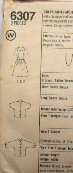 SIMPLICITY 6307 GIRLS PINAFORE & BACK BUTTON BLOUSE SIZE 3-4-5 YEARS -COMPLETE-CUT TO 5 YEARS