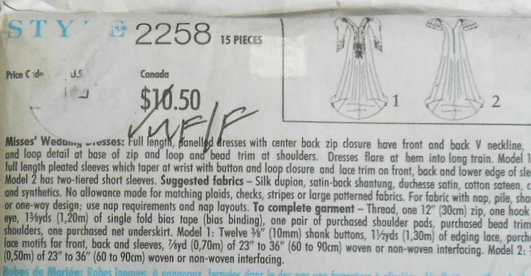 STYLE 2258 WEDDING DRESSES SIZE 8-18 COMPLETE-UNCUT-F/FOLDED