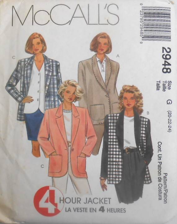 McCALLS 2948 LINED OR UNLINED JACKET SIZE 20-22-24 COMPLETE-UNCUT-F/FOLDED