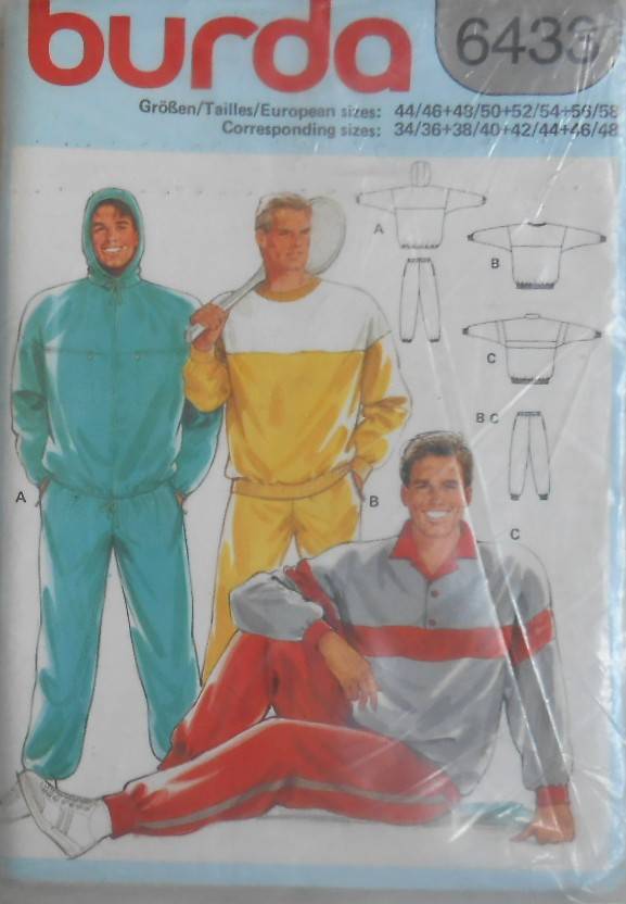 BURDA 6433 MENS TRACKSUIT & HOODIS SIZE 34/36-38/40-42/44-46/48 COMPLETE-UNCUT-F/FOLDED