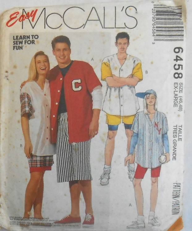 McCALLS 6458 UNISEX SHIRT-SHORTS IN 2 LENGTHS-BIKE SHORTS SIZE XL 46-48 COMPLETE-UNCUT-F/FOLDED