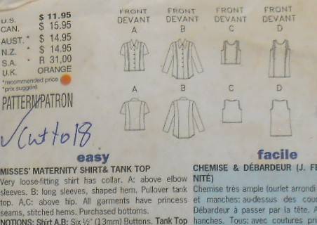 BUTTERICK 6277 MATERNITY SHIRT & TANK TOP SIZE 14-16-18 COMPLETE CUT TO 18